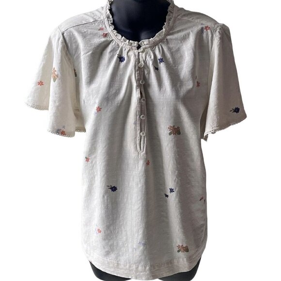 Floral Bell Short Sleeve Trim 1/2 Button Up Ivory Top Ruffle Neck Women’s L - Picture 1 of 10